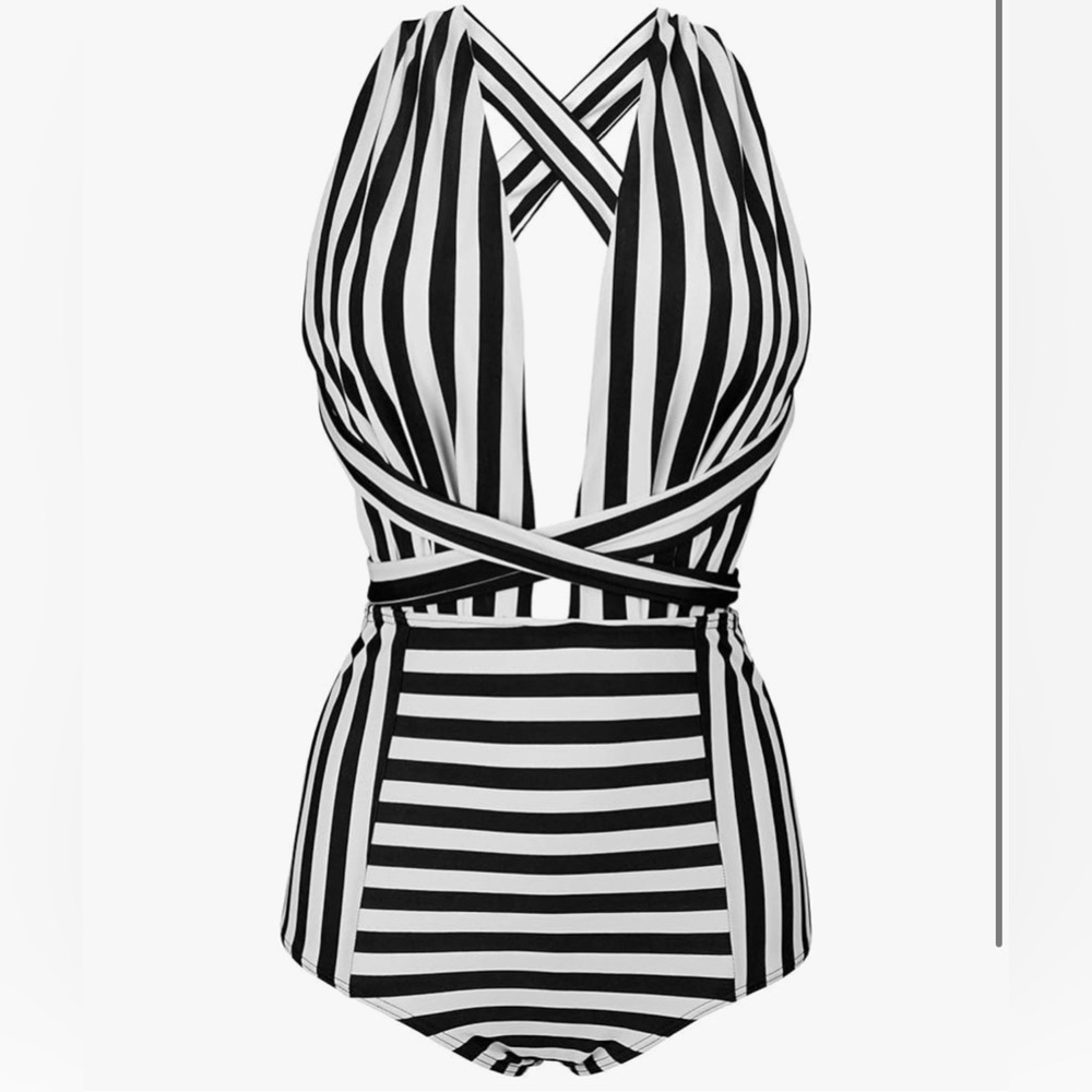 Black and White Striped Swimsuit Size 14